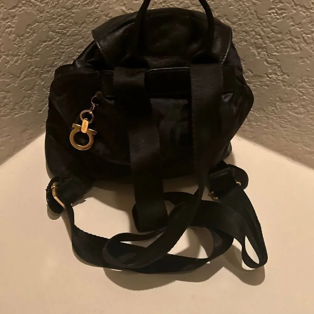 Vintage Salvatore Ferragamo Mini Backpack Black Nylon Leather Gancini Accents